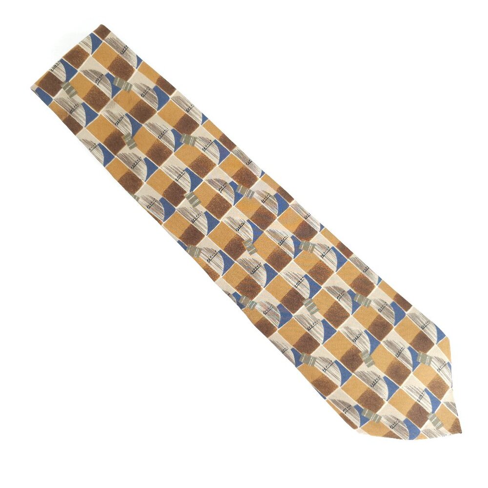 Henry Grethel Men Necktie 100% Silk Geometric Beige Brown Blue 58x4 - NWOT - USA